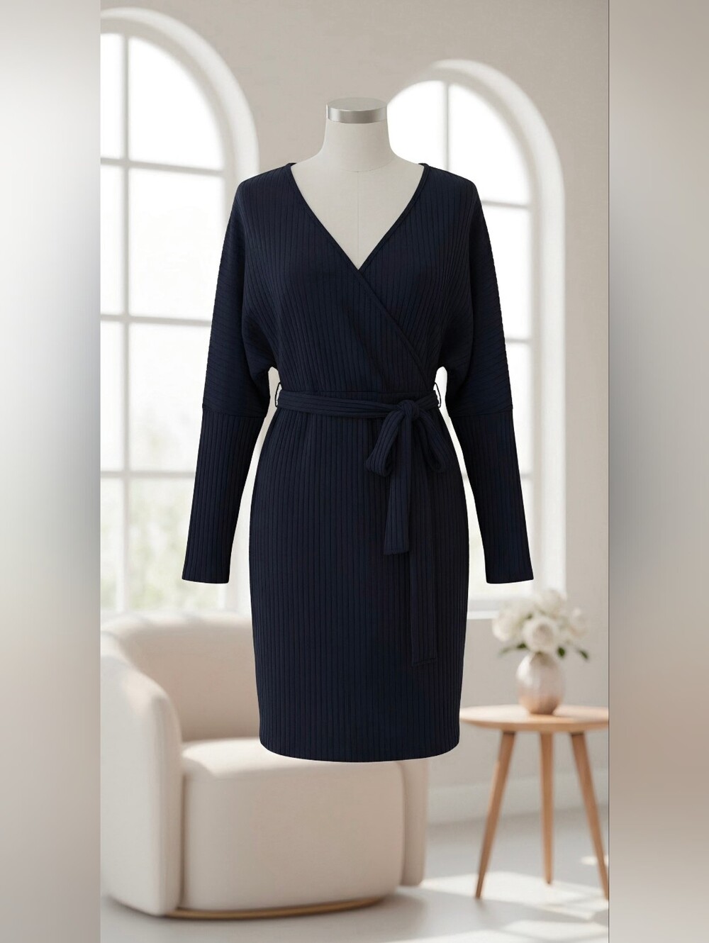 Fashion Nova Navy Ribbed Wrap Belted Dress